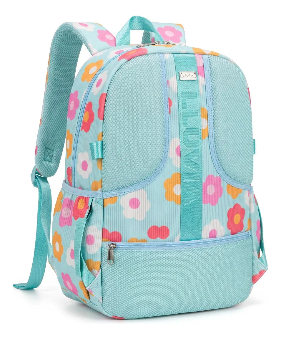 Mochila Juvenil Lluvia Floral Azul Con Compartimento Laptop
