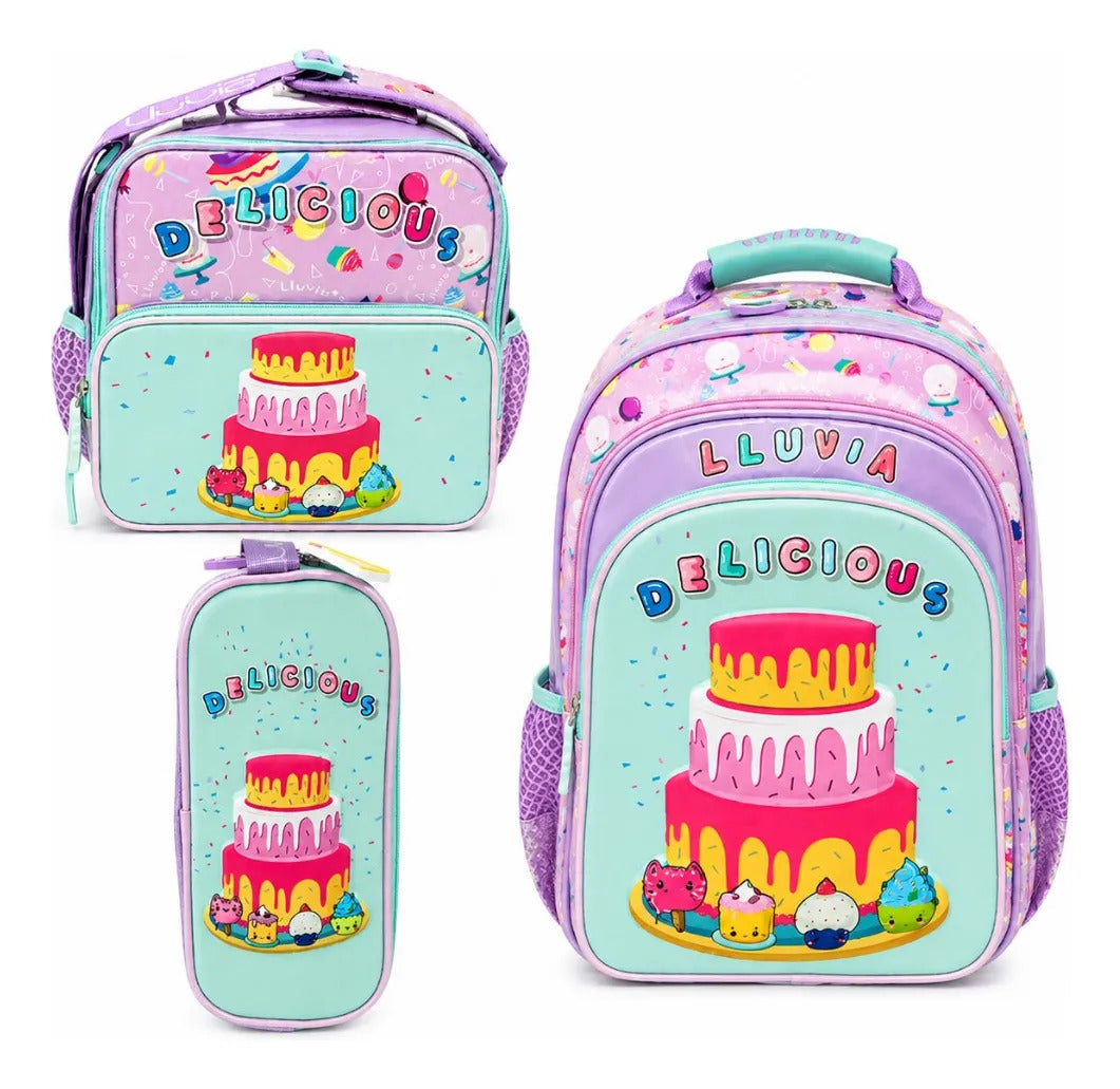 Set Mochila Escolar Tres Piezas Lluvia Pastel De Colores