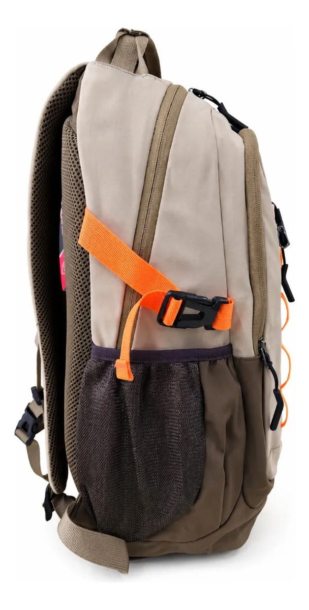 Mochila Escolar Lluvia Beige Verde Olivo Y Naranja Neón