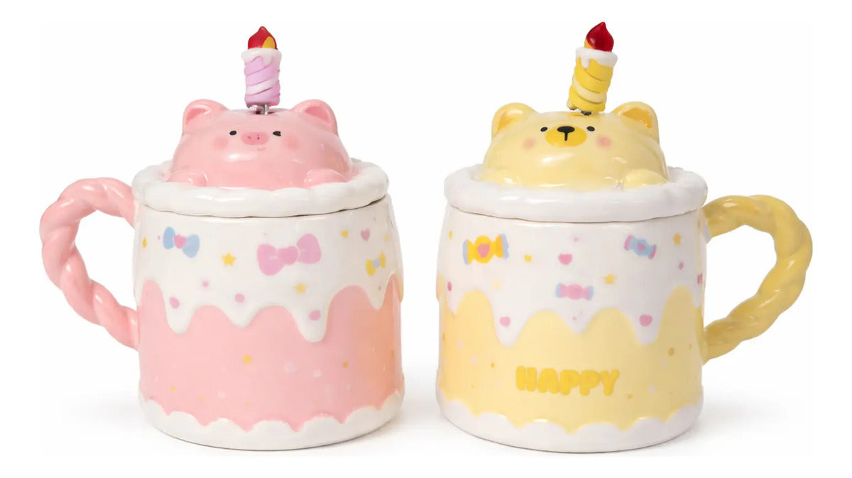 Taza Kitten Y Bunny De Cerámica Con Tapa Y Aguitador 400 Ml