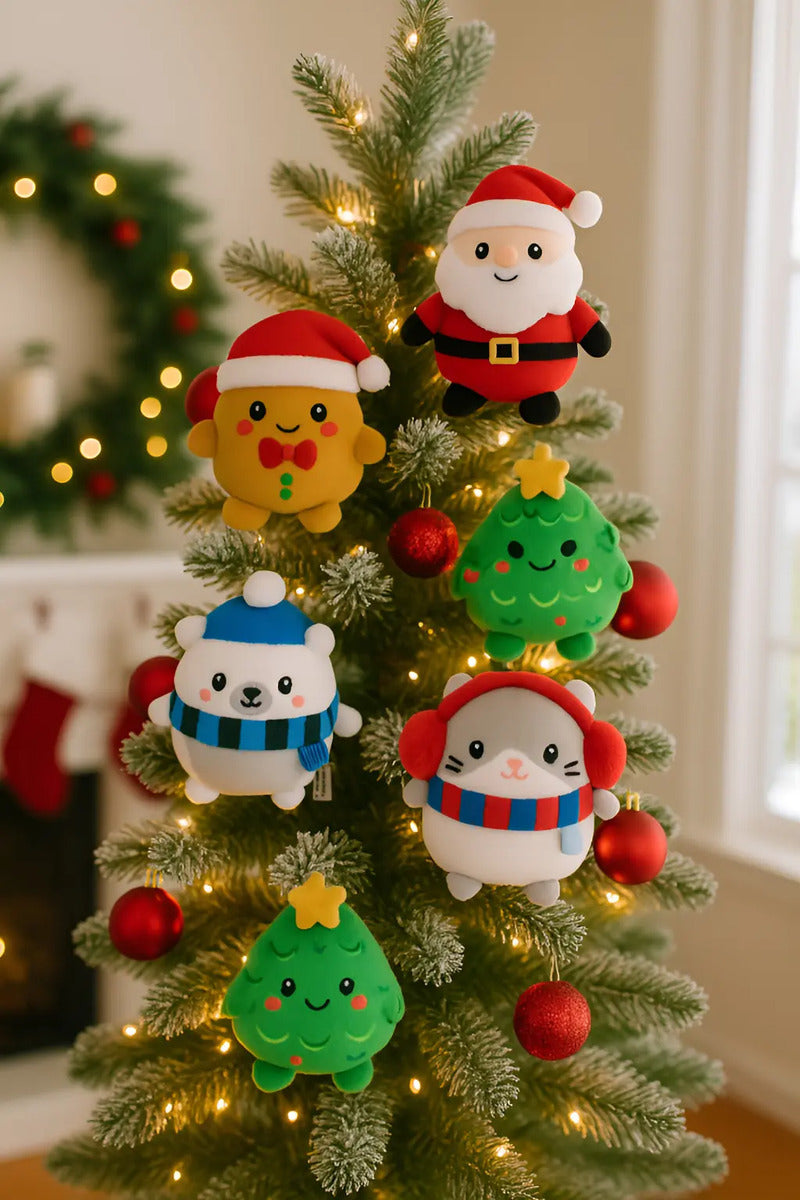 Decoracion 5 Muñecos Navideños Arbol,santa Y Gato 10x8x8 Cm