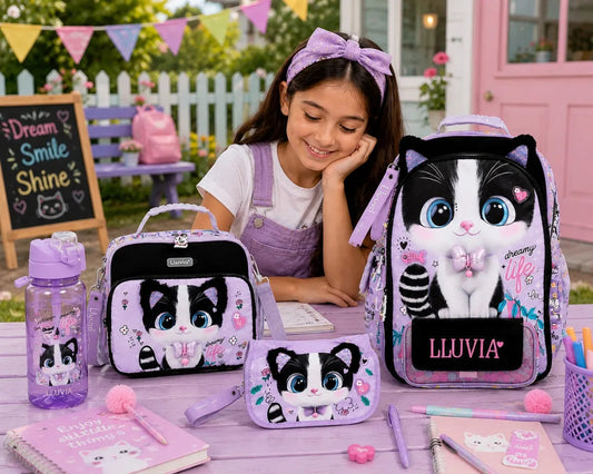 Set Mochila Tres Piezas Lluvia Gatita Dreaming Life Lila