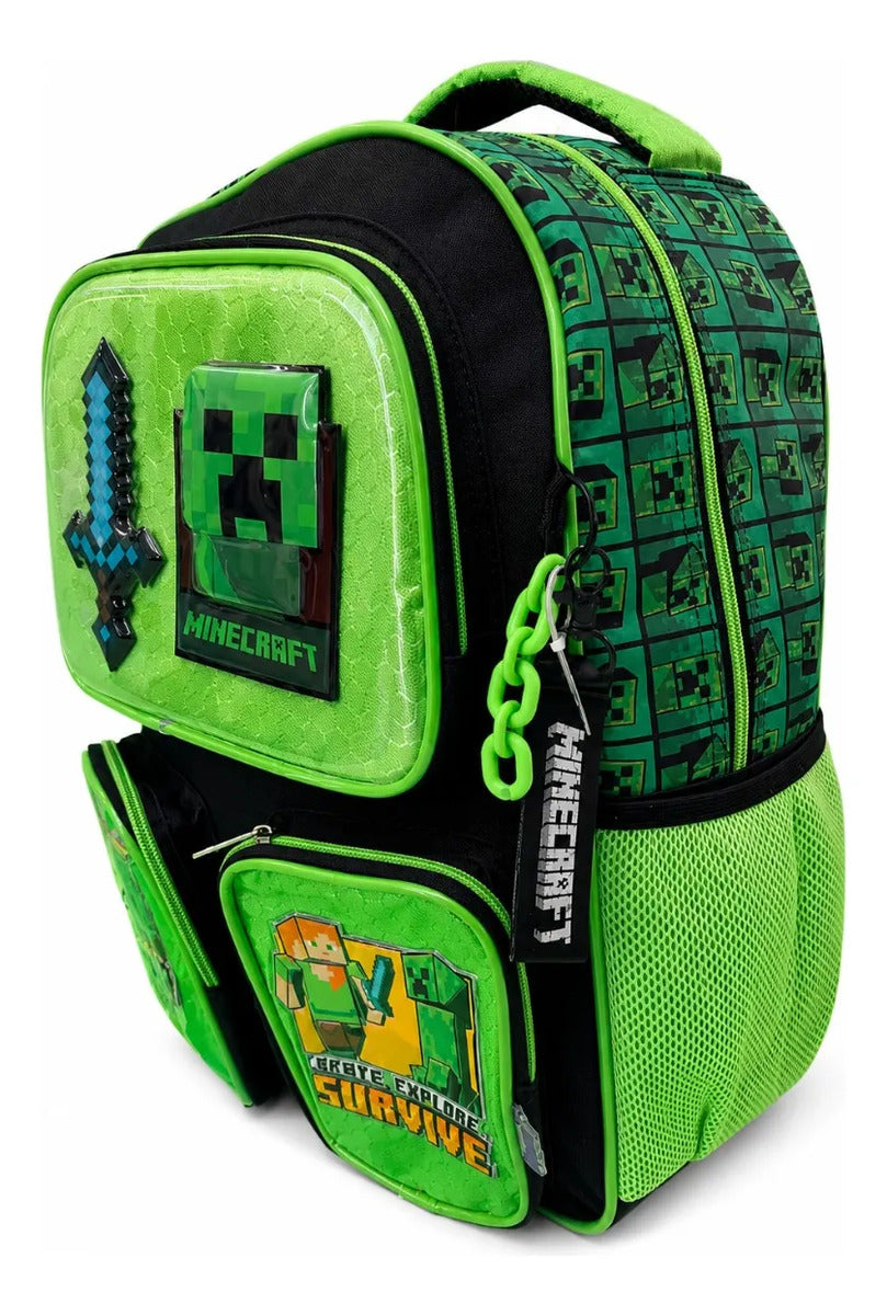 Mochila Primaria Minecraft Creeper Ruz Con 4 Compartimientos