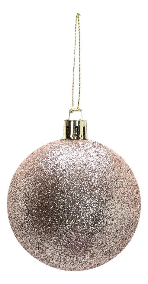 Set Esferas Navideñas Lluvia Rosa Champagne Glitter 6 Cm
