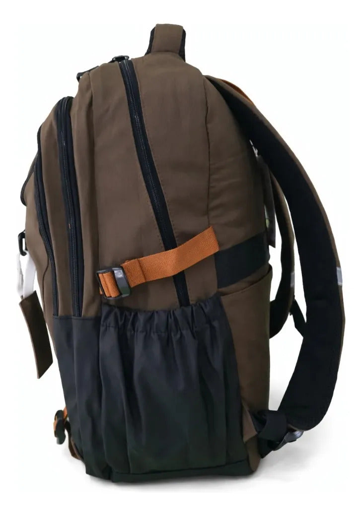 Mochila Juevenil Lluvia Verde Olivo Moderna Con Detalles Naranja