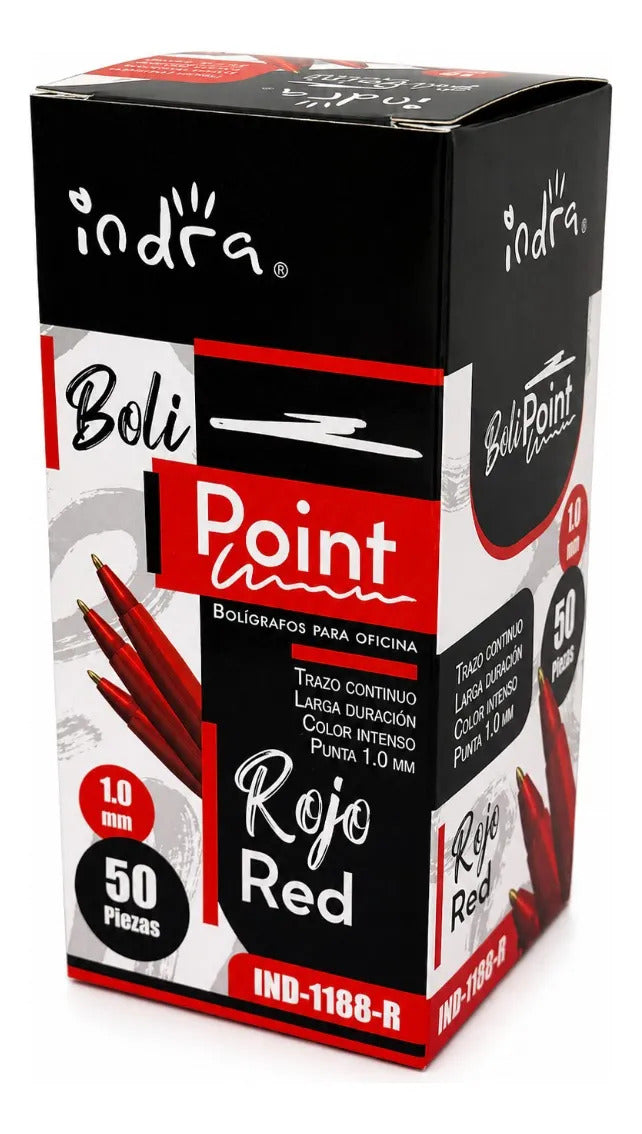 Plumas Indra Escolar Tinta Roja Punto Medio 1.0 Mm 50 Piezas