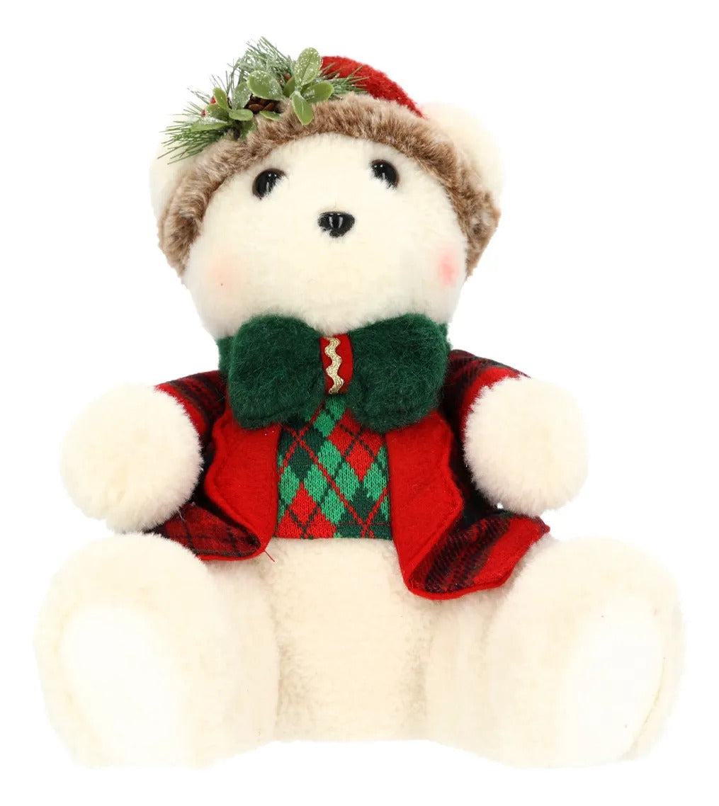 Osito Navideño Blanco Crema con Moño Verde 32 cm