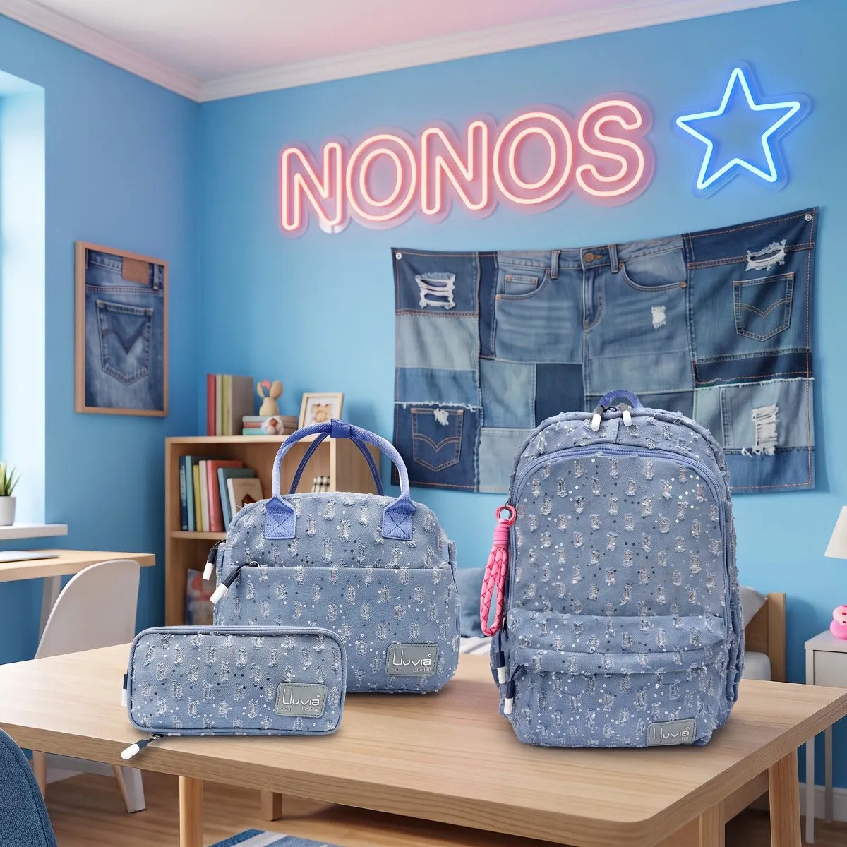 Set Escolar Lluvia Azul de 3 Pzas con Lentejuelas