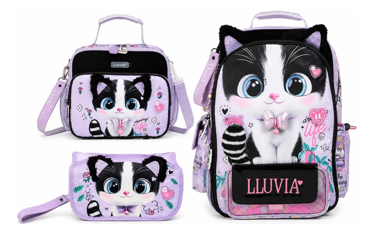 Set Mochila Tres Piezas Lluvia Gatita Dreaming Life Lila