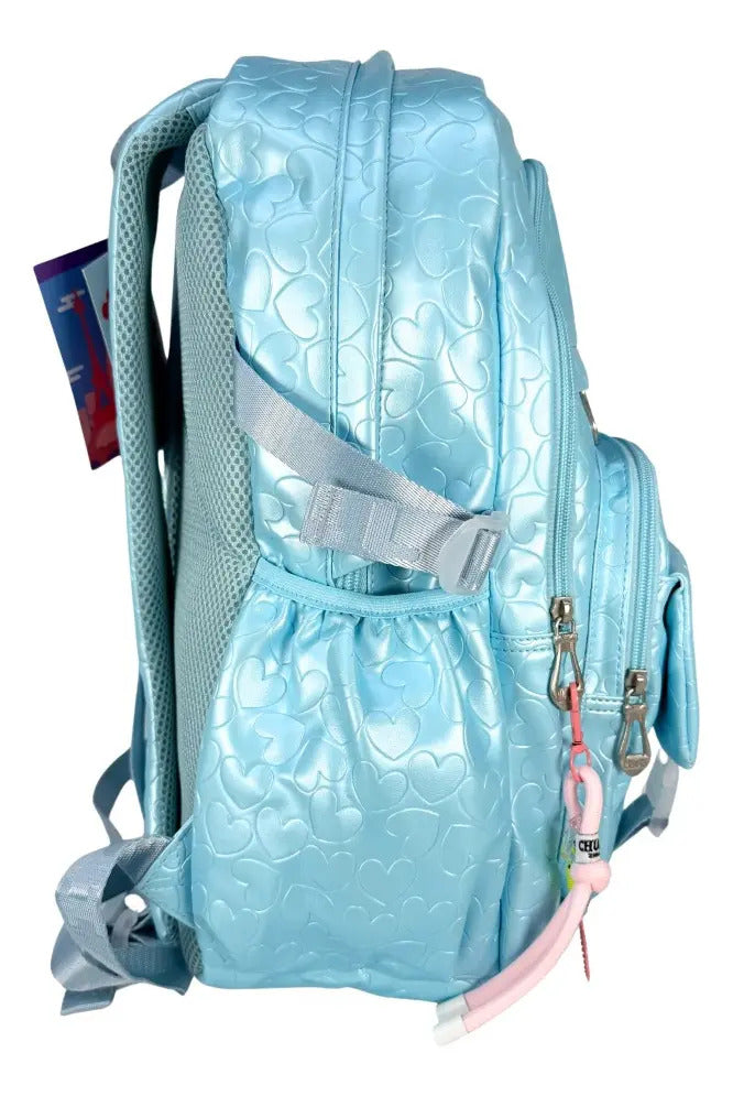 Mochila Juvenil Marca Lluvia Azul Con Relieve De Corazones