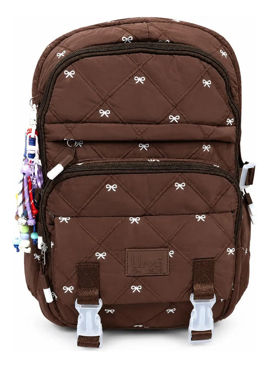 Mochila Escolar Lluvia Café Chocolate Con Moños Puff