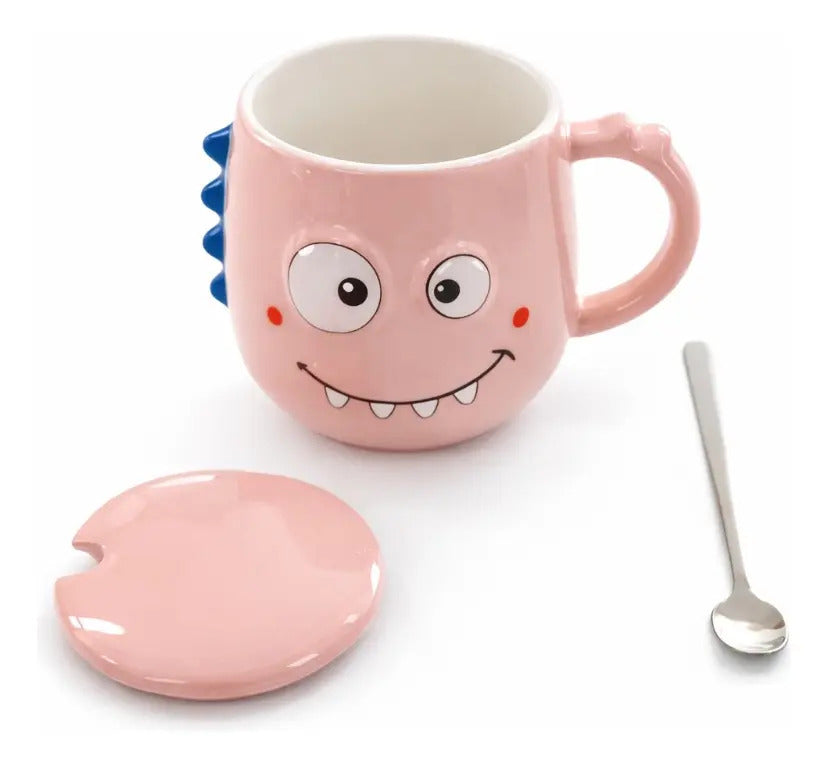Taza Colorida Kawaii Monstruos Con Tapa Incluida 400 Ml