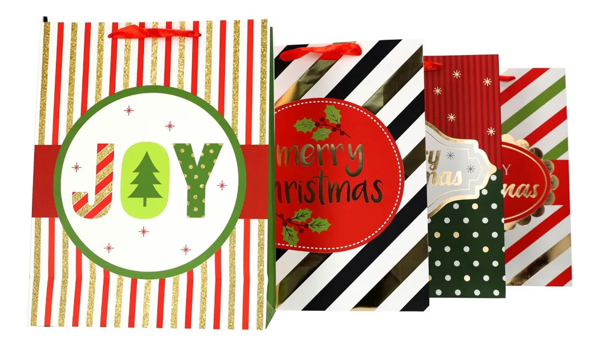 Bolsas de Regalo Navideñas Lluvia 4 Diseños 12 Pzas 40cm