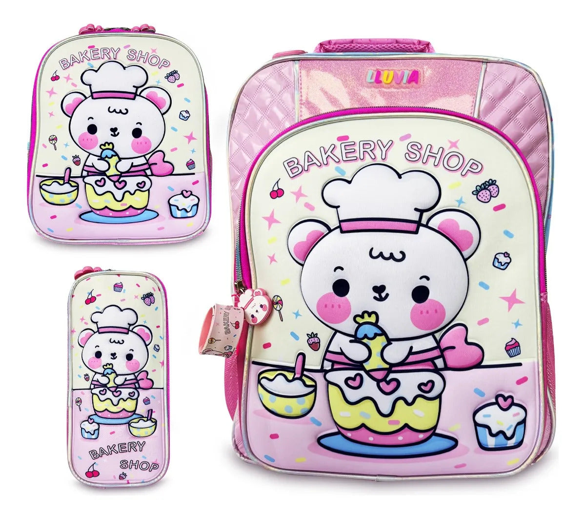 Set Escolar Lluvia Rosa Osita Bakery Shop Tres Piezas
