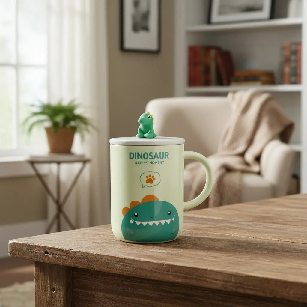 Taza Con Tapa Decorativa De Animales 380ml Marca Lluvia