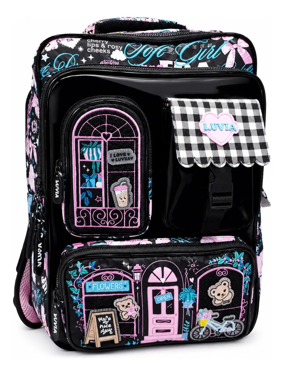 Mochila Lluvia Negra Casita Y Ositos Con Velcro Desmontables
