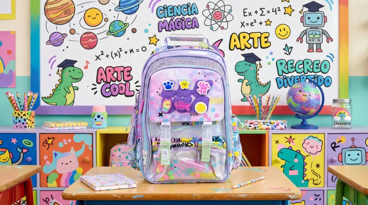 Mochila Escolar Lluvia Tornasol Parches Intercambiables