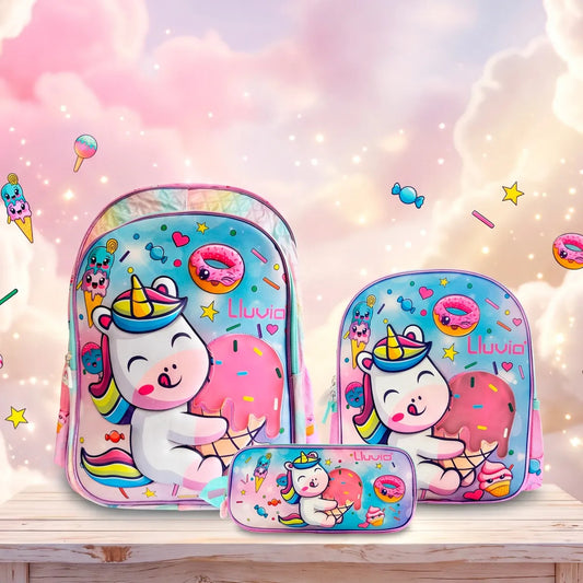 Set Escolar Lluvia Rosa Unicornio Dulces con Luz Tres Piezas