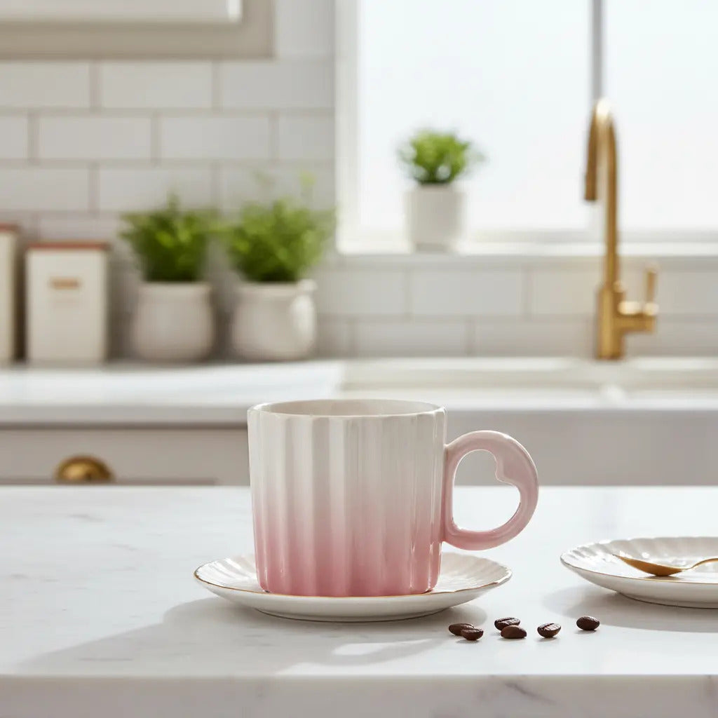 Taza Acanalada Degradado Pastel Con Aza De Corazon 350 Ml