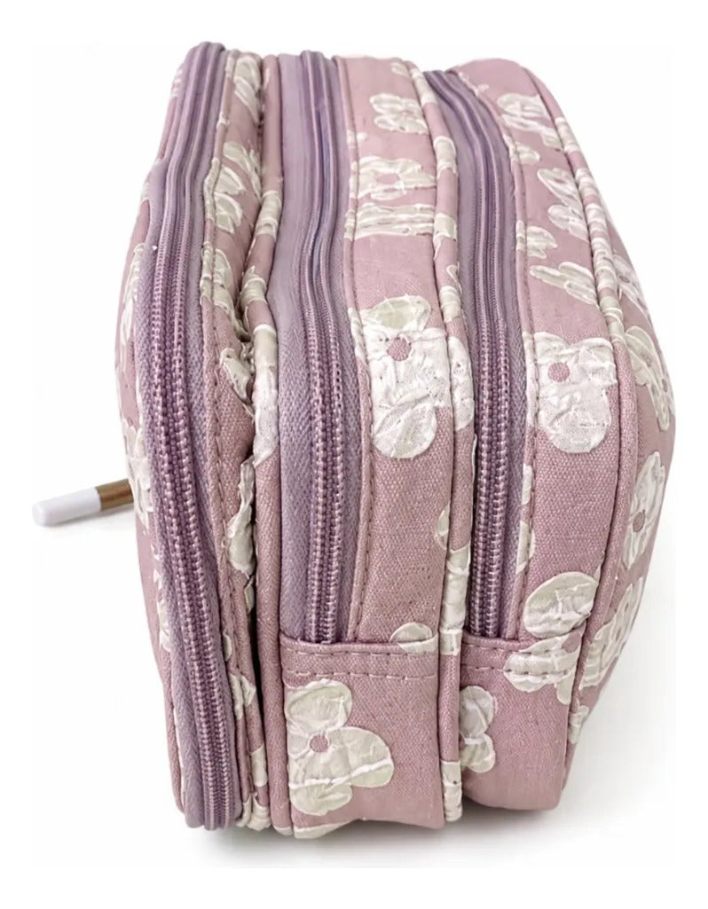 Lapicera Lluvia Rosa Vintage Floral En Relieve Triple Cierre