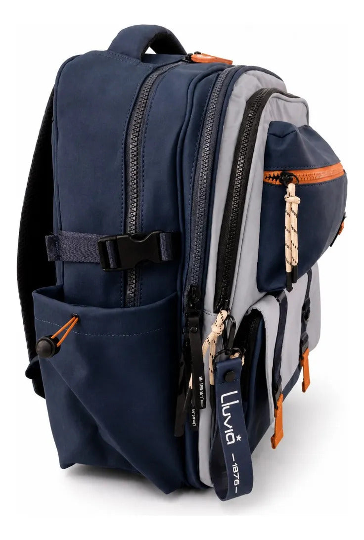Mochila Juvenil Lluvia Azul Gris Con Detalles Naranja