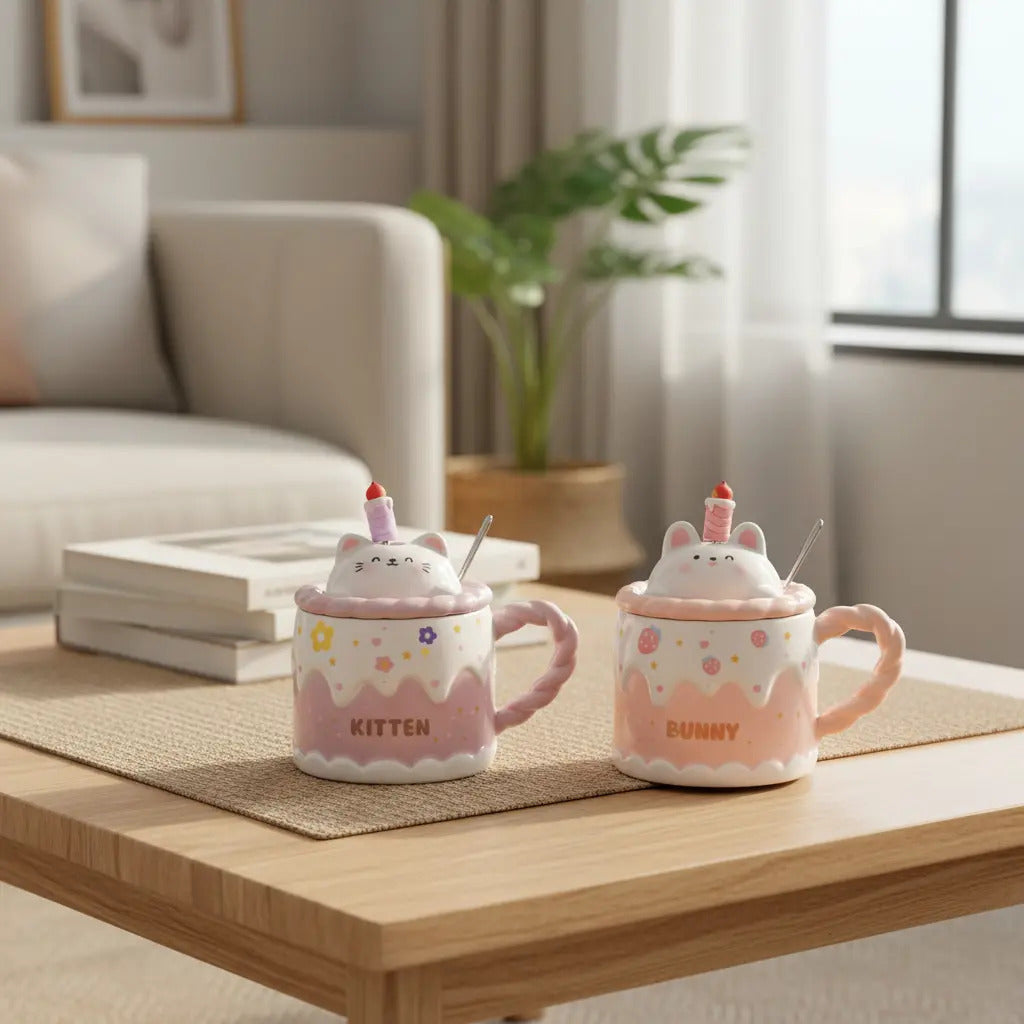 Taza Kitten Y Bunny De Cerámica Con Tapa Y Aguitador 400 Ml