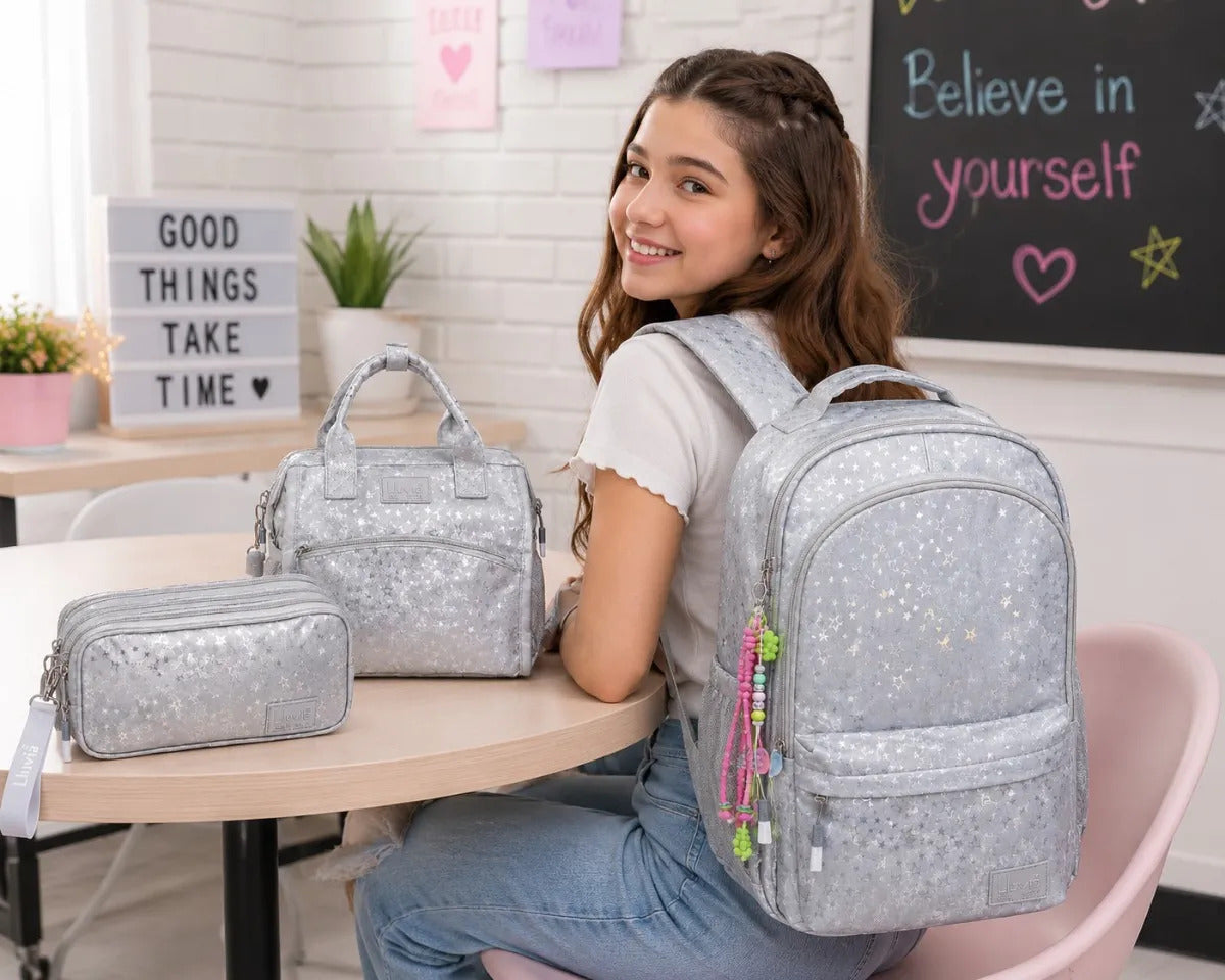 Set Mochila Juvenil Tres Piezas Lluvia Plata Aterciopelada