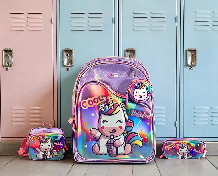 Mochila Primaria Set 3 Piezas Marca Lluvia Unicornio Espejo