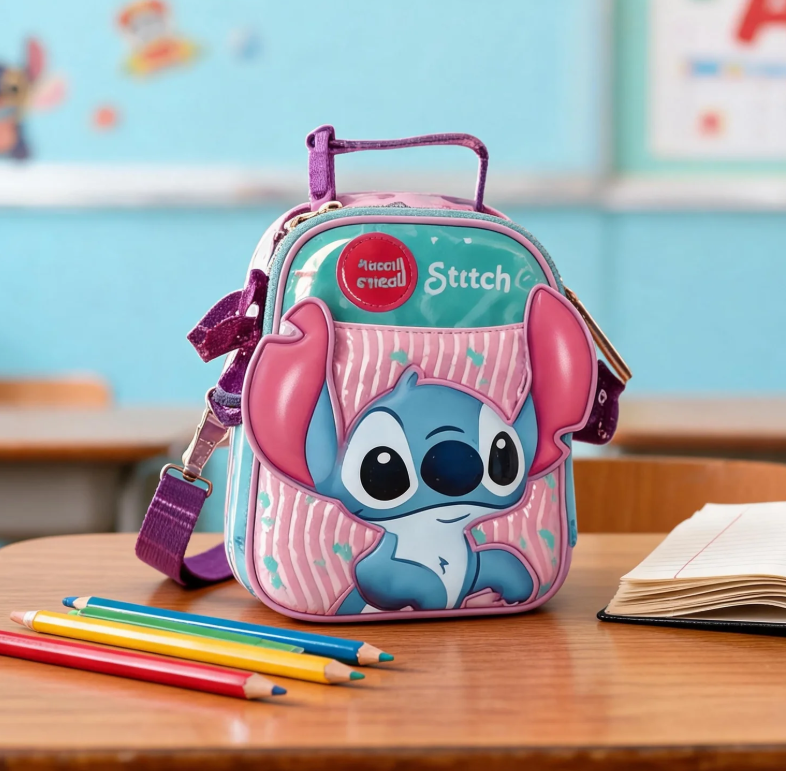 Lonchera Ruz  Color Lila Stitch 3d Práctica Y Con Correa