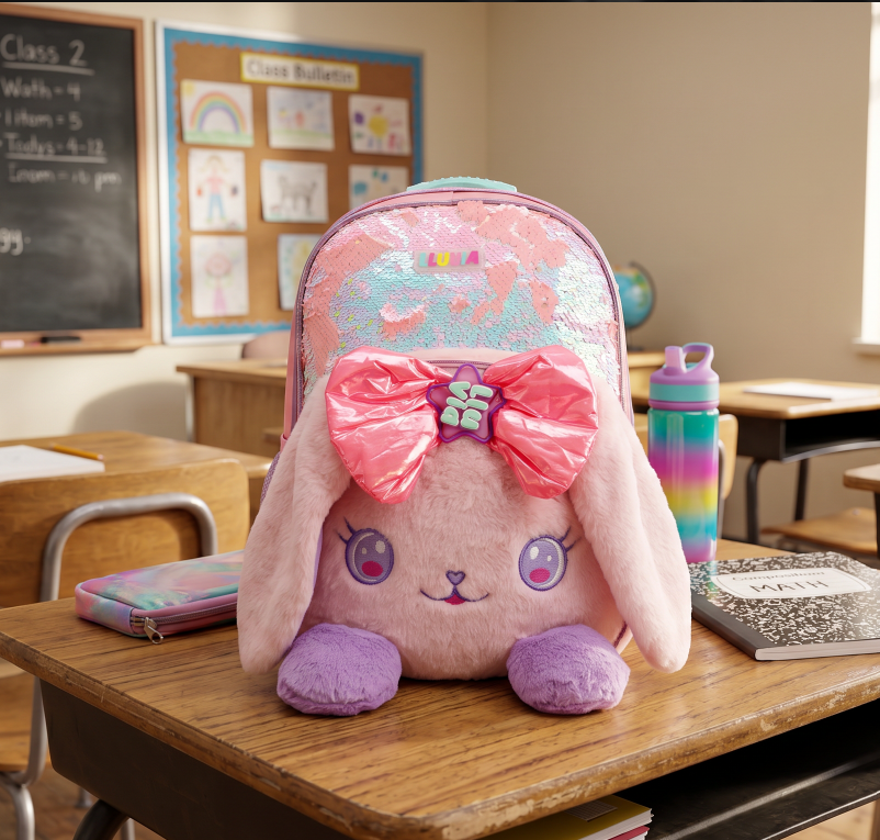 Mochila Escolar Lluvia Conejita Lentejuelas Rosa 20l Correas Ajustables