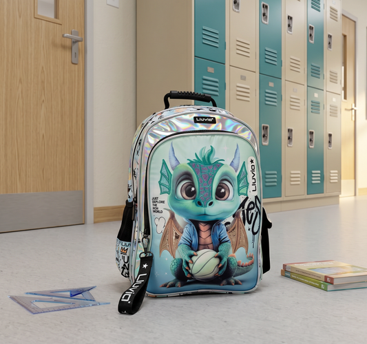 Mochila Escolar Lluvia Dragon 20l Color Agua Con Bolsillos Laterales Estampado
