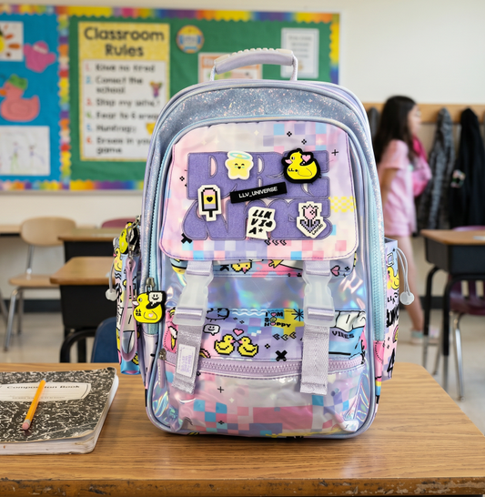 Mochila Escolar Lluvia Lavanda Primaria Con Pines Decorativos Patitos Geométrico