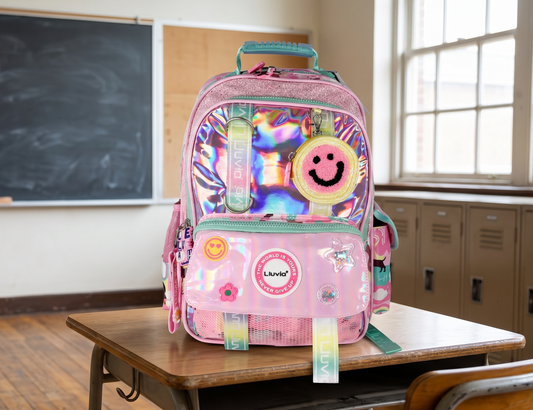 Mochila Escolar Lluvia Rosa Tornasol Con Compartimento Y Bolsillo Botella Liso