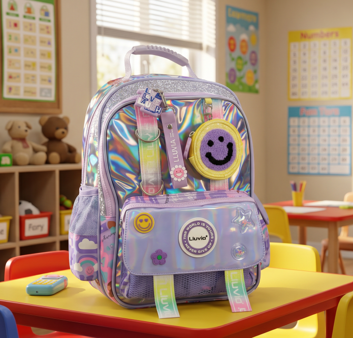 Mochila Escolar Lluvia Violeta Tornasol 20l Con Monedero Carita Geométrico