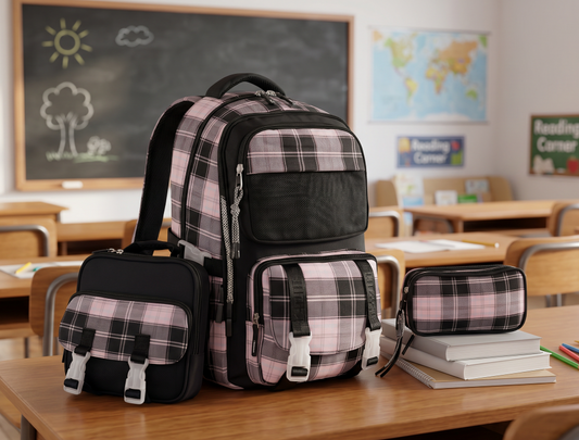 Mochila Primaria 3 Piezas Marca Lluvia Cuadros Negros