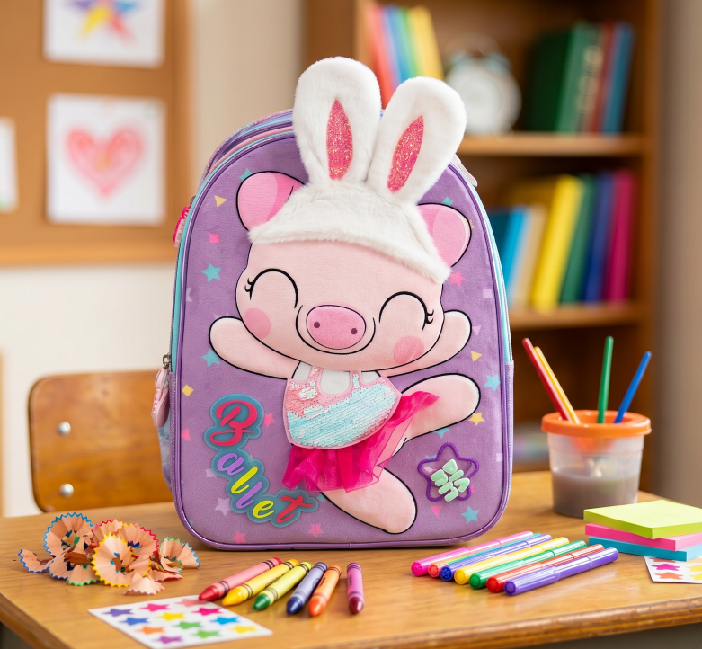 Mochila Primaria Marca Lluvia Cerdita Bailarina Spiner Violeta Estampado