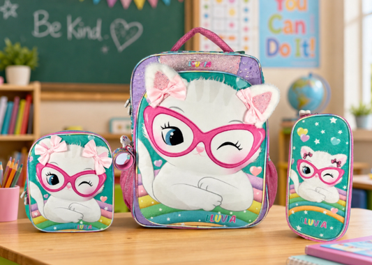 Mochila Primaria Set 3 Piezas Marca Lluvia Gatita Con Lentes
