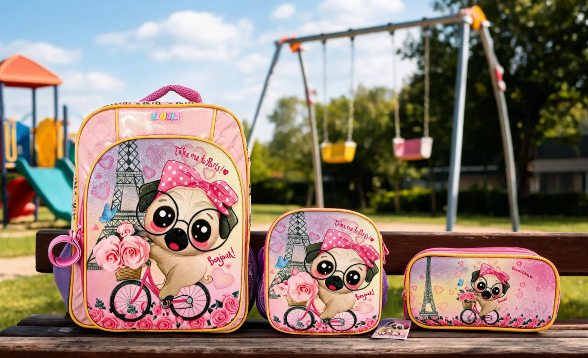 Mochila Primaria Set 3 Piezas Marca Lluvia Perrito Pug