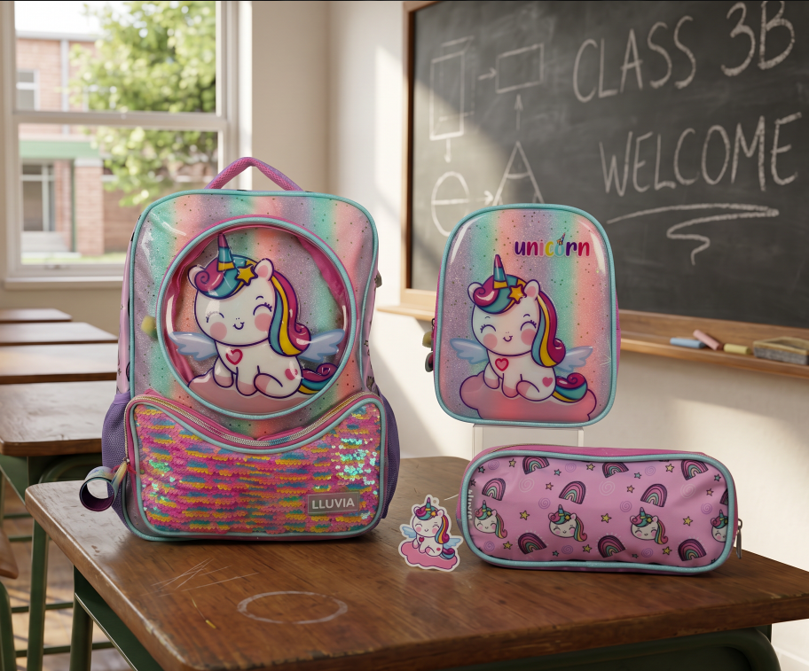Mochila Primaria Set 3 Piezas Marca Lluvia Unicornio