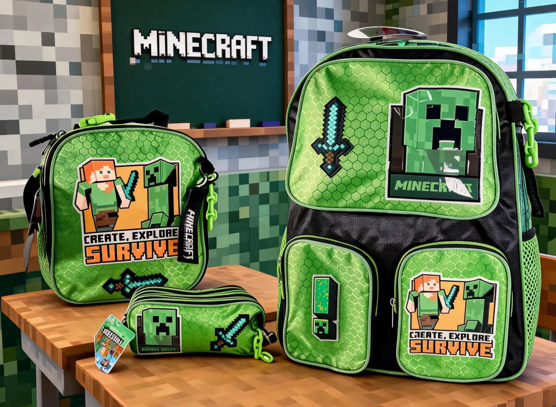Paquete 3 Piezas Mochila Minecraft Ruz Verde Primaria