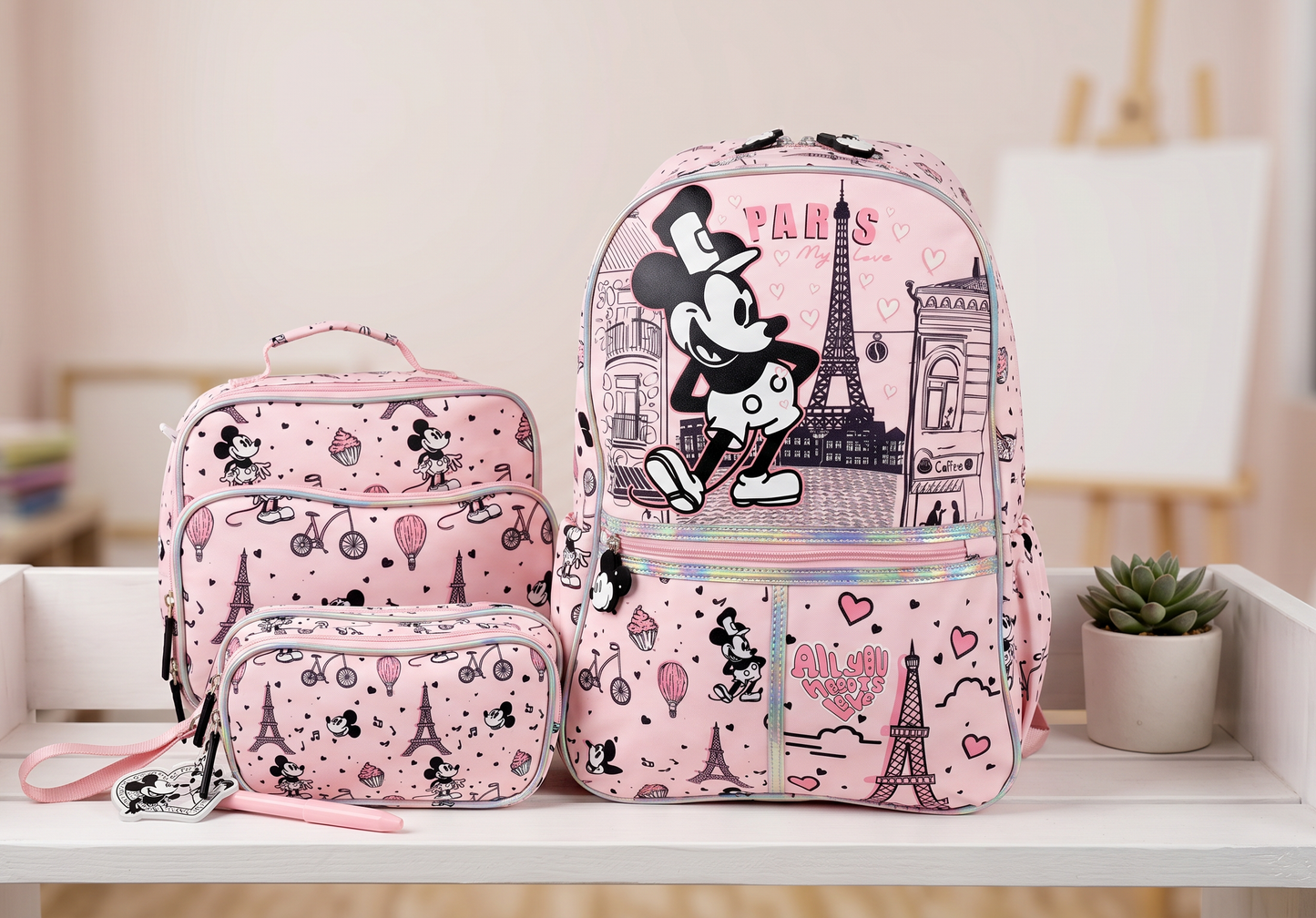 Paquete Mochila 3 Piezas Marca Lluvia Mickey Paris Primaria