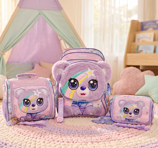 Paquete Mochila 3 Piezas Marca Lluvia Oso Arcoiris Kinder