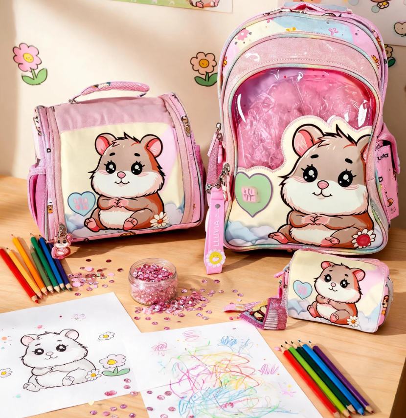 Paquete Mochila 3piezas Marca Lluvia Hamster Rosa Kinder