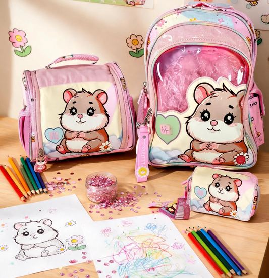 Paquete Mochila 3piezas Marca Lluvia Hamster Rosa Kinder