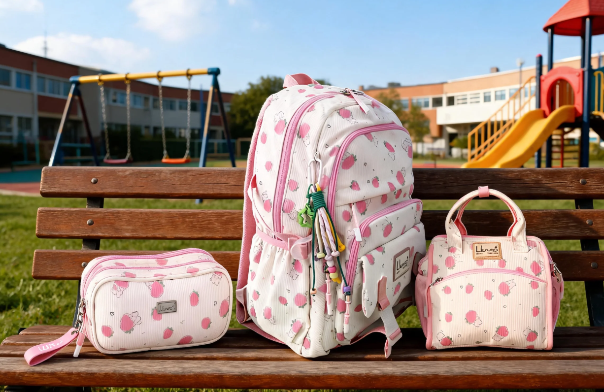 Set 3 Piezas Lluvia Diseño Fresas Mochila Lonchera Lapicera