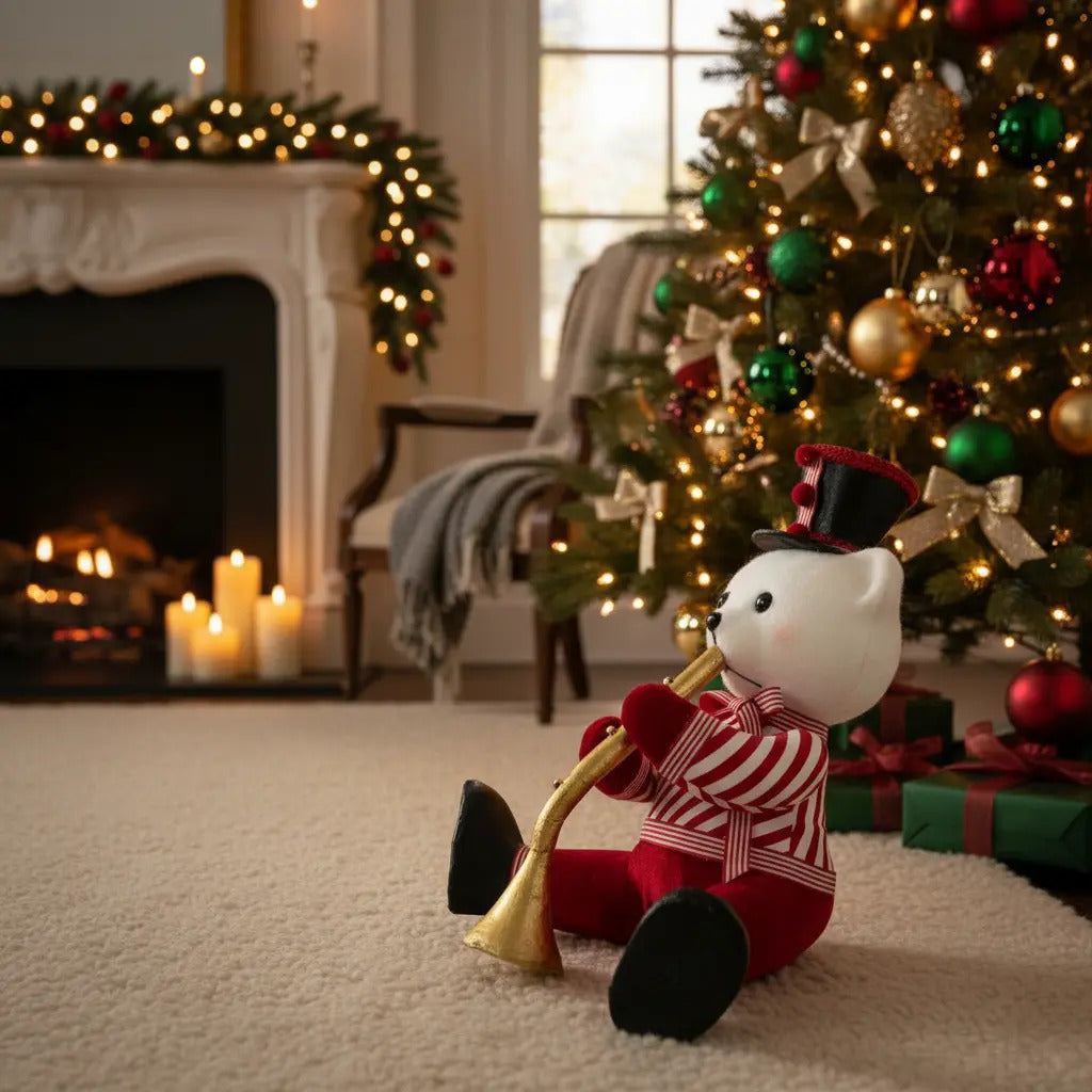 Muñeco Navideño Oso Con Trompeta Roja 32x22x33