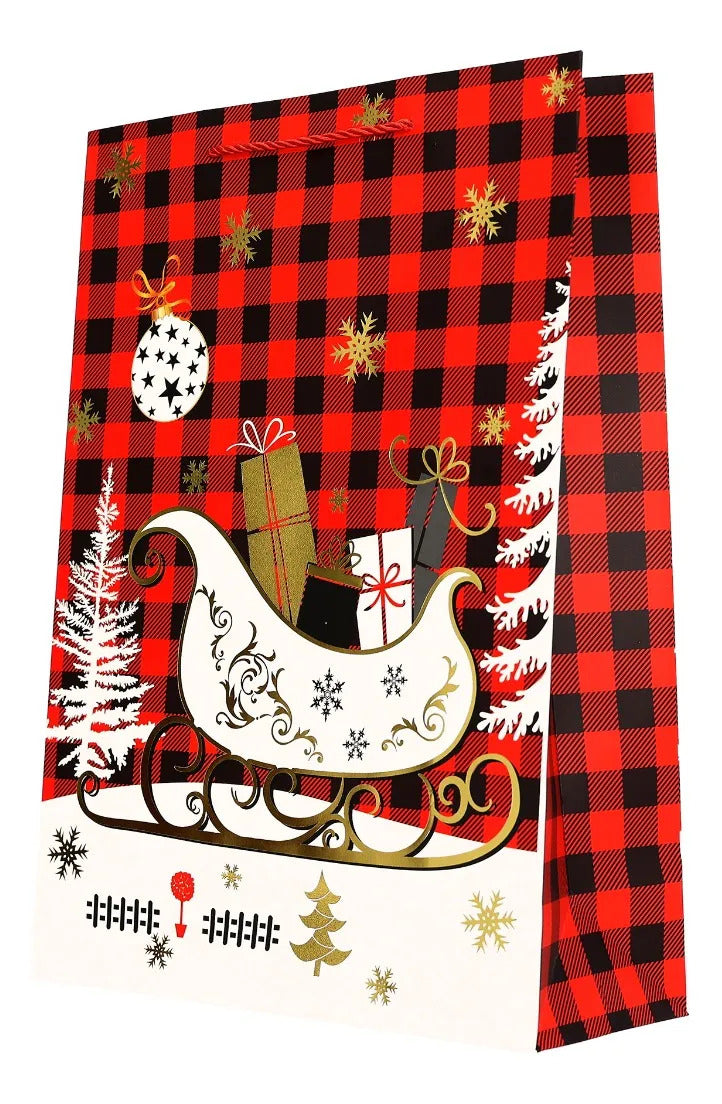 Bolsas de Regalo Navideñas Lluvia Cuadros Rojos 12 Pzas