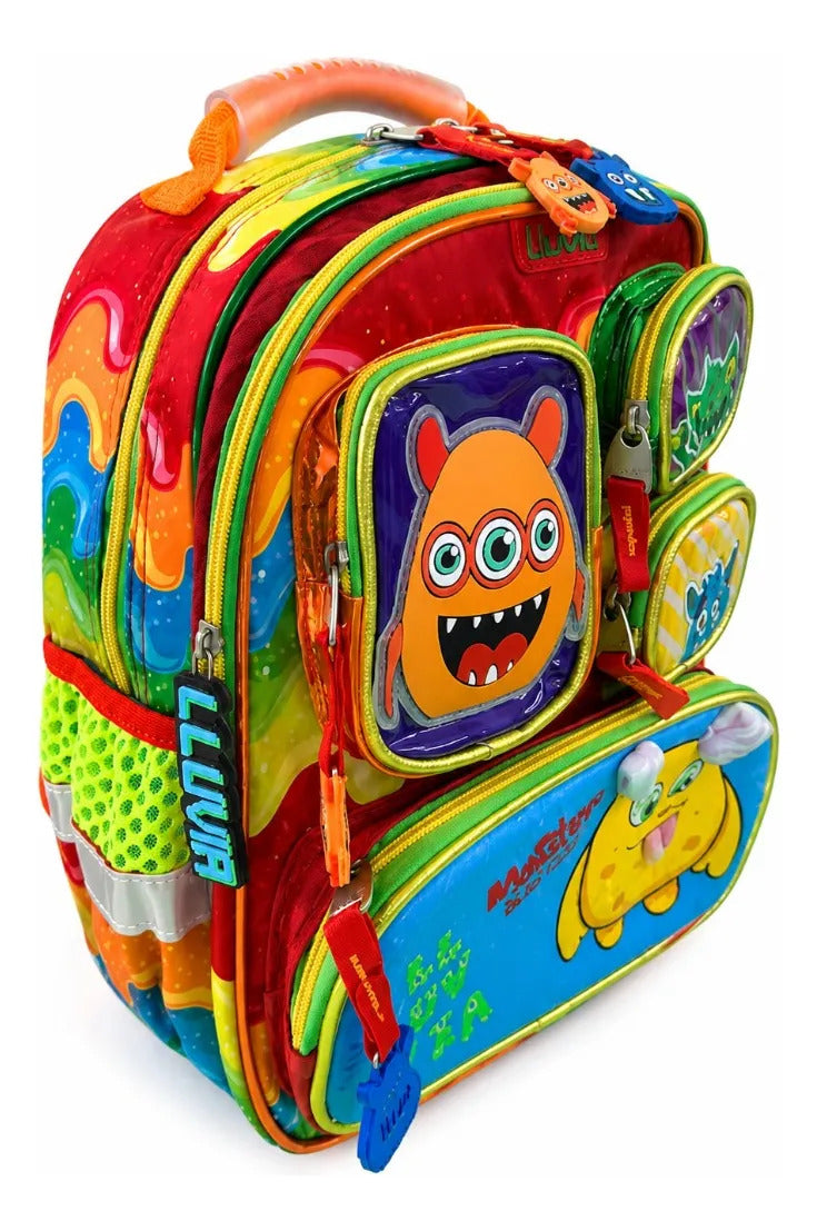 Mochila Escolar Kinder Lluvia Color Rojo Con Monstruitos 3d