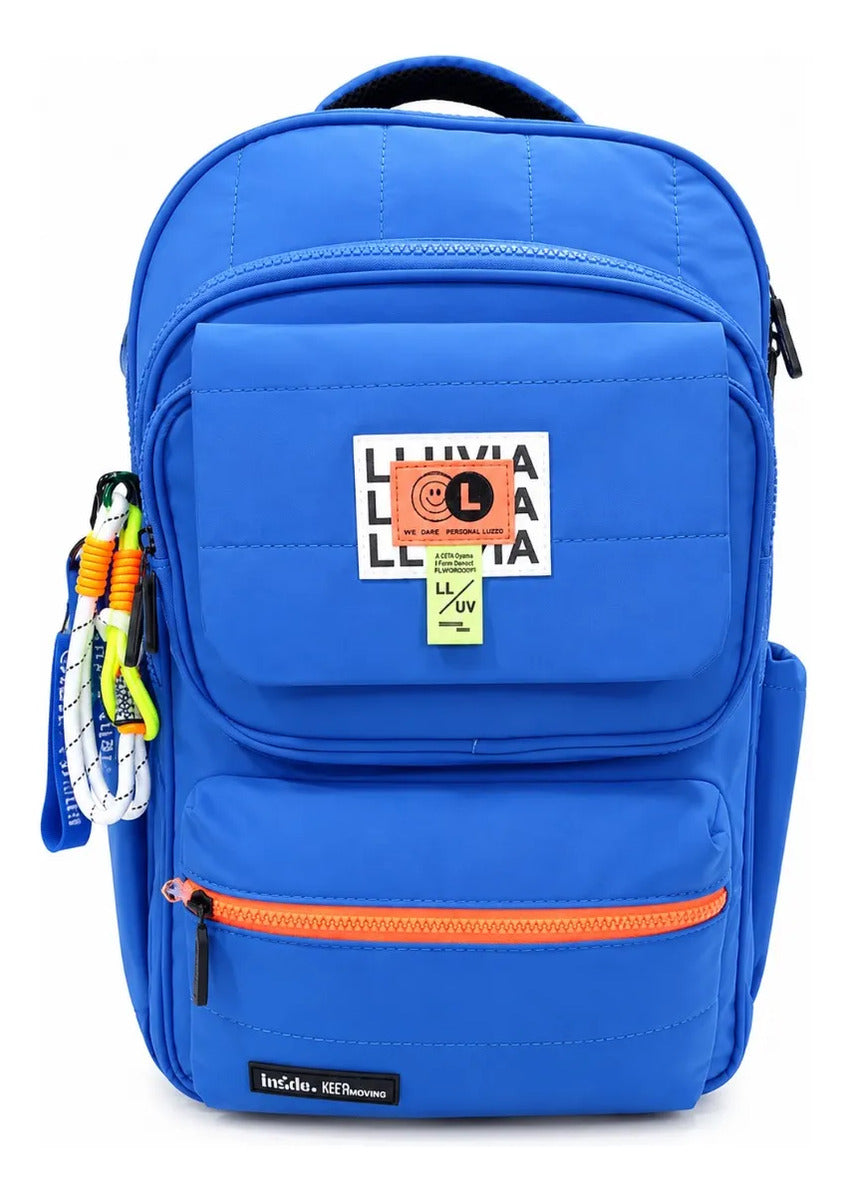 Mochila Escolar Lluvia Azul Con Detalles Naranja Repelente