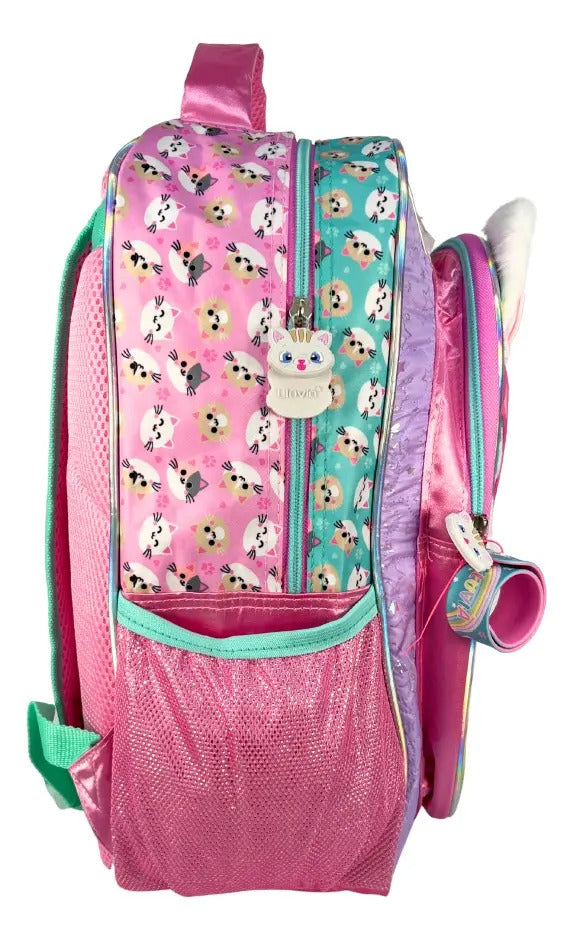 Mochila Primaria Set 3 Piezas Marca Lluvia Gatita Con Lentes
